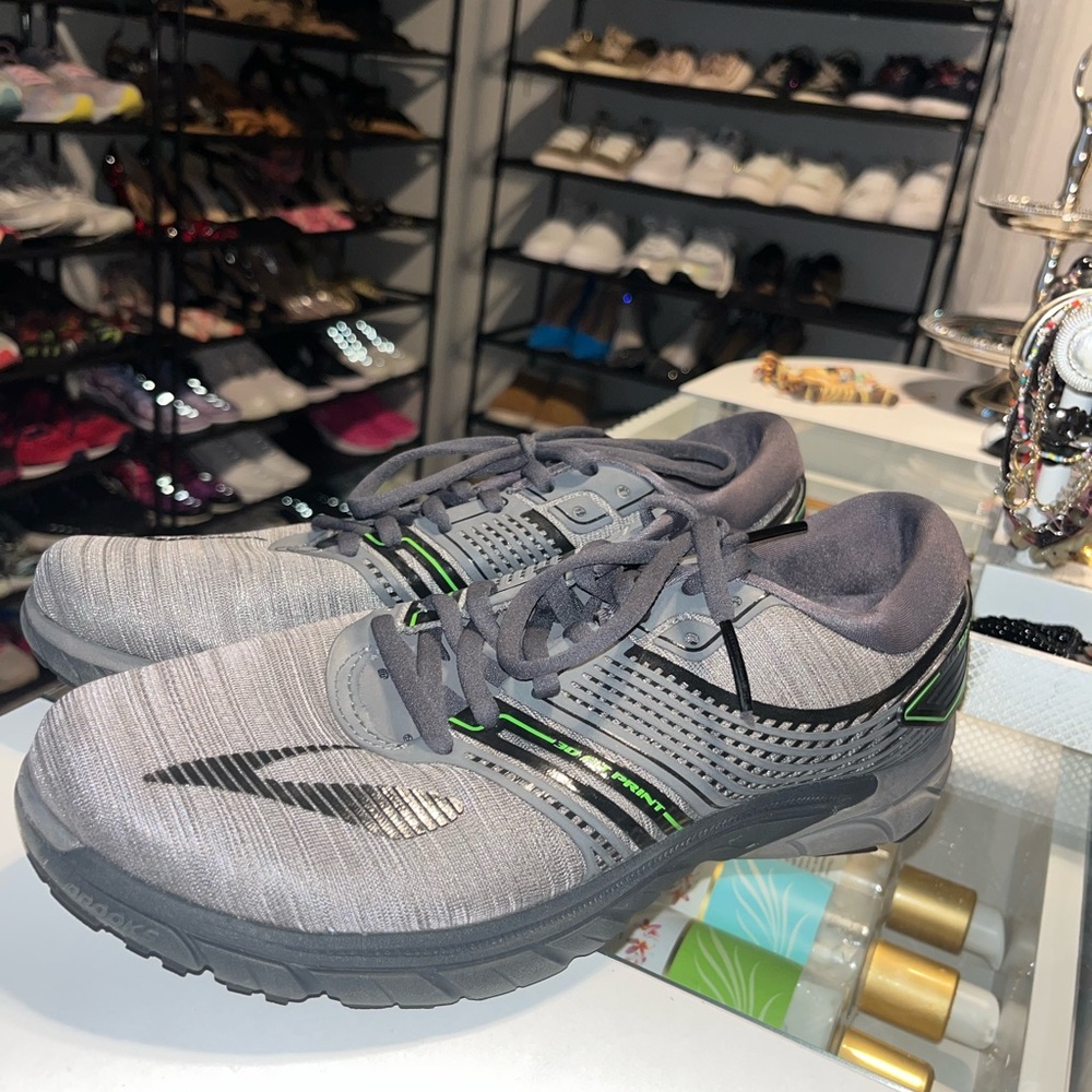 Brooks Gray and Black Running Shoes with Green Highlights